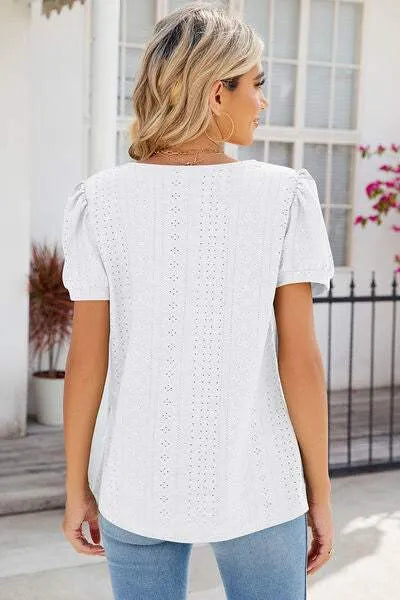 Eyelet Puff Sleeve T-Shirt Women's T-Shirts - Tophatter Daily Deals